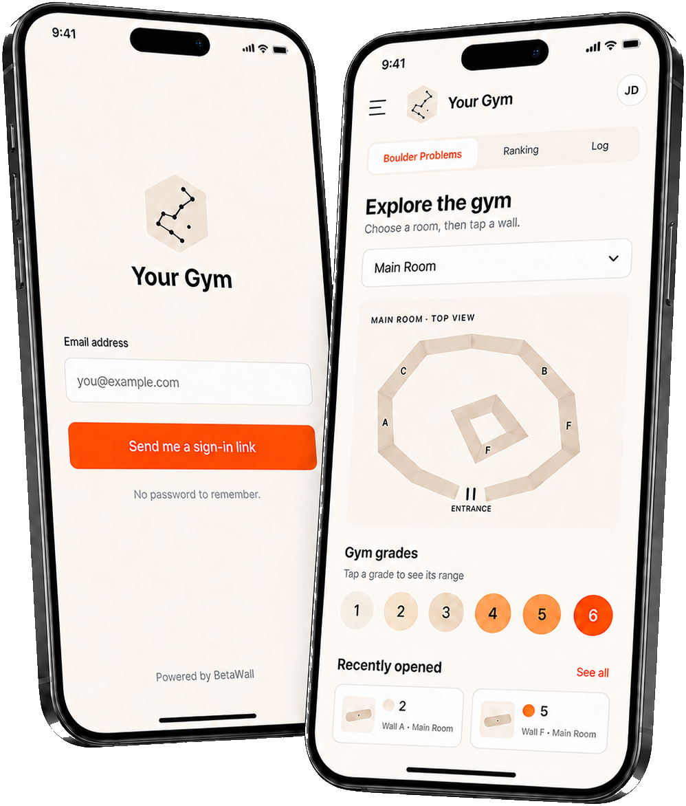 Preview of a branded climbing gym app, showing sign-in and gym exploration screens.